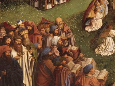 Detalhe da Adoração do Cordeiro Místico, do painel central do Retábulo de Ghent (óleo sobre painel) 作： Hubert & Jan van (1390 1441) Eyck