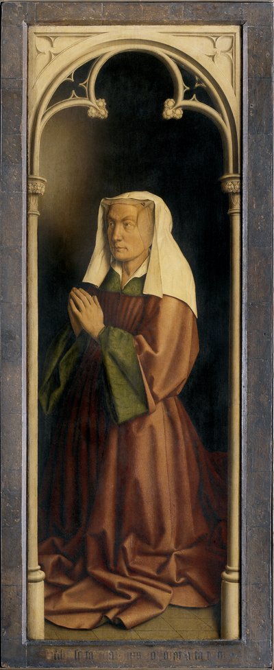 Lysbette Borluut、Ghent Altarpiece の詳細、閉じた (パネルに油彩) 作： Hubert & Jan van (1390 1441) Eyck