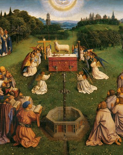 ゲントの祭壇画からの神秘的な子羊の崇拝、中央パネルの下半分の詳細 作： Hubert & Jan van (1390 1441) Eyck