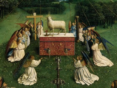 ゲントの祭壇画からの神秘的な子羊の崇拝、中央パネルの下半分の詳細 作： Hubert & Jan van (1390 1441) Eyck