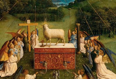 ゲントの祭壇画からの神秘的な子羊の崇拝、中央パネルの下半分の詳細 作： Hubert & Jan van (1390 1441) Eyck