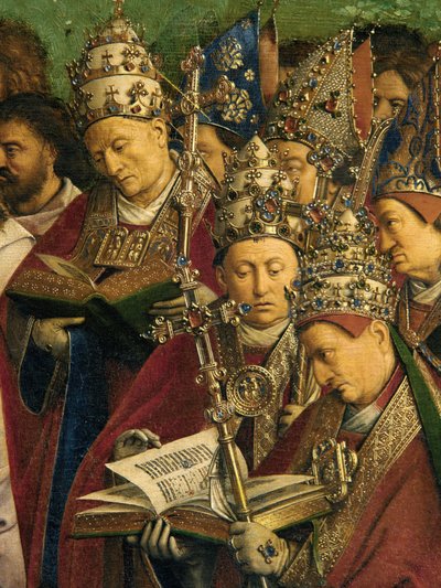 ゲントの祭壇画からの神秘的な子羊の崇拝、中央パネルの下半分の詳細 作： Hubert & Jan van (1390 1441) Eyck