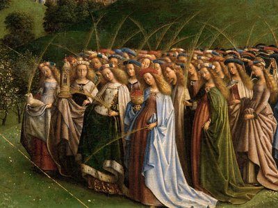 A Adoração do Cordeiro Místico, do Retábulo de Ghent, detalhe da metade inferior do painel central 作： Hubert & Jan van (1390 1441) Eyck