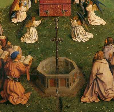 ゲントの祭壇画からの神秘的な子羊の崇拝、中央パネルの下半分の詳細 作： Hubert & Jan van (1390 1441) Eyck