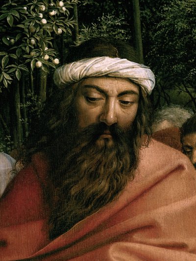 Pyhän Kristoferin opastama pyhiinvaeltaja, St. Christopherin yksityiskohta Gentin alttaritaulun oikealta puolelta 作： Hubert & Jan van (1390 1441) Eyck