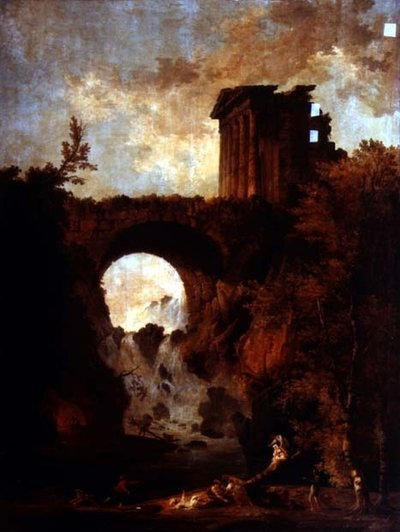 シーソーパーティーのある滝にかかる橋のそばにある廃墟の寺院のカプリッチョ 作： Hubert Robert