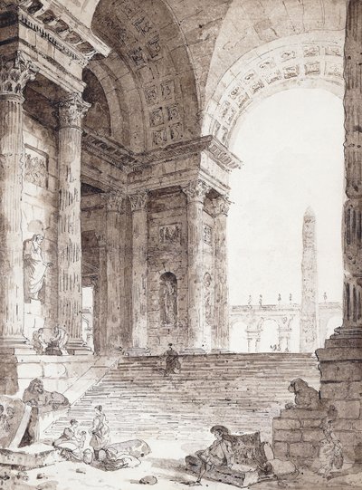 古典的なローマのアーケード、前景に人物がいる、1759年 作： Hubert Robert