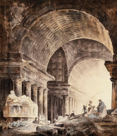 壊れた柱のそばに女性と子供と犬がいる、大きな丸天井の建物、 作： Hubert Robert