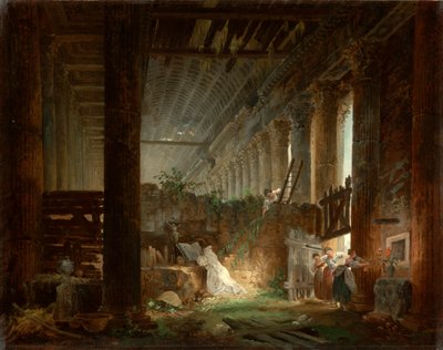 ローマの神殿の廃墟で祈る庵。 1760年頃（キャンバスに油彩） 作： Hubert Robert