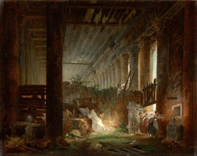 ローマ寺院の廃墟で祈る隠者、1760年頃 作： Hubert Robert