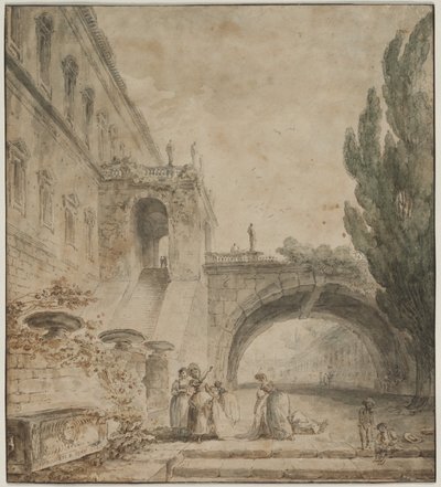 アーチ型の橋がある宮殿ローマ様式の邸宅、1760年。 作： Hubert Robert