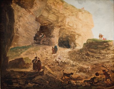 羊の群れのある採石場 作： Hubert Robert