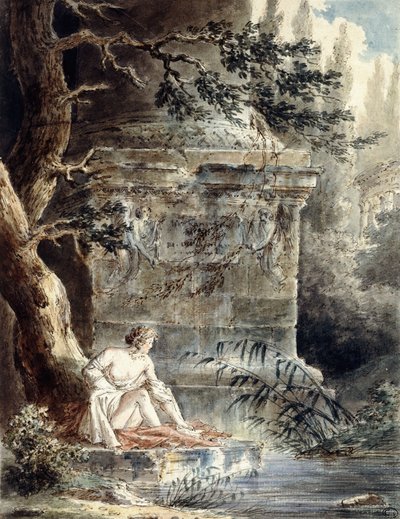 柱近くの若い水浴び、 作： Hubert Robert