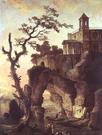 岩のある風景の中の建築廃墟（油彩・キャンバス） 作： Hubert Robert