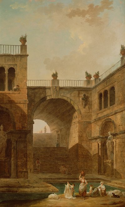 プールで服を洗う女性との建築シーン 作： Hubert Robert