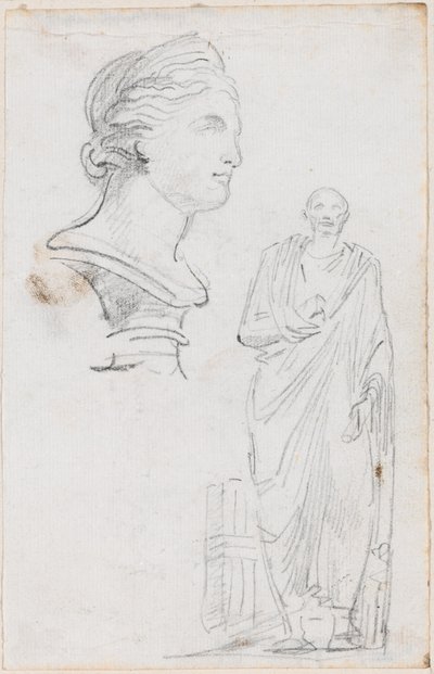 ローマ人女性の胸像とローマ人男性像 作： Hubert Robert