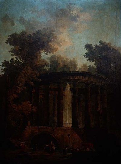 円形列柱の中の噴水のカプリッチョ 作： Hubert Robert