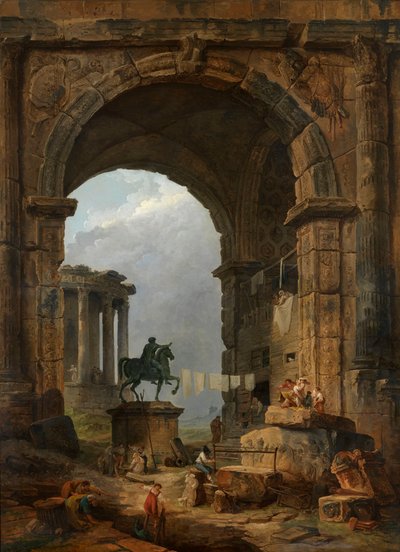 マルクス・アウレリウスの像があるアンティークのカプリス。 作： Hubert Robert