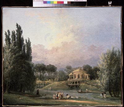 公園で。 ヒューバート ロベール (1733-1808) による絵画、キャンバスに油彩、1770-1780 年頃、フランスの芸術。 国立博物館アルハンゲリスコエ エステート、モスクワ。 作： Hubert Robert