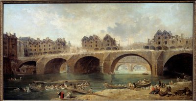 1786年のパリのノートルダム橋の家々の取り壊し ユベール・ロベール（1733-1808）による絵画 1788年 日。0.73x1.4m 作： Hubert Robert