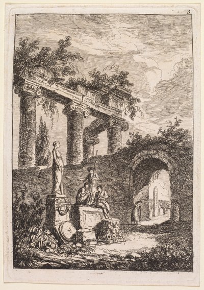 ローマの夕べ: 廃墟の前の像 作： Hubert Robert