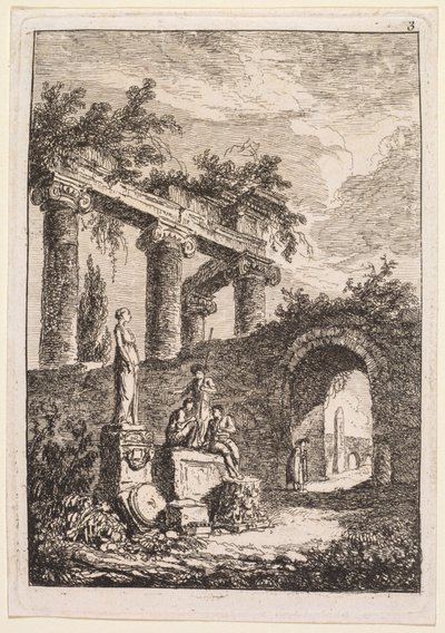 ローマの夜：廃墟の前の像、1763-1764年。 作： Hubert Robert