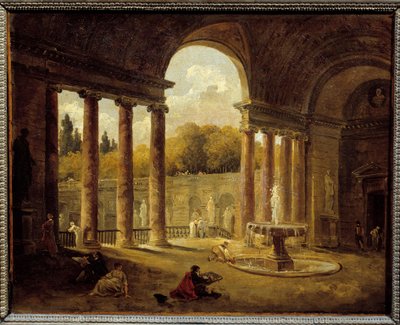 ポルティコの下の噴水。ユベール・ロベール（1733-1808）による絵画 作： Hubert Robert