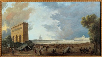 フランス革命：「Fete de la Federation Nationale celebree au Champ de mars à Paris le 14 juillet 1790」Hubert Robert（1733-1808）の絵画。1790 Sun. 0,52x0,96 m 作： Hubert Robert