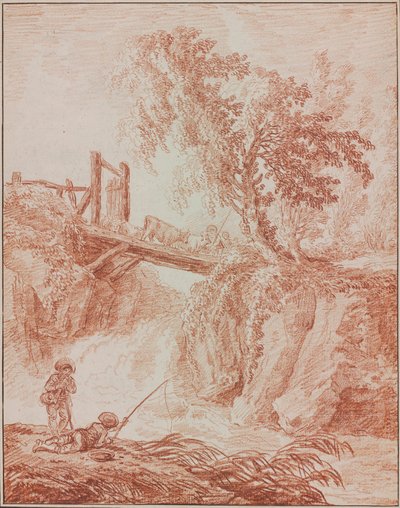 滝を渡る牧夫 作： Hubert Robert
