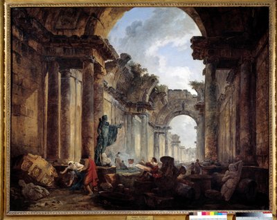 廃墟と化したルーヴル美術館大回廊の想像図 絵画：ユベール・ロベール（1733-1808）日。1,14x1,46 m. 作： Hubert Robert