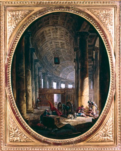 「1769年のコンクラーベの時のローマ、サン・ピエトロ大聖堂の列柱の内部」 作： Hubert Robert