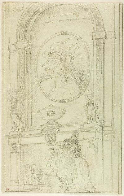 煙突を前にしたカップルのいる室内 作： Hubert Robert