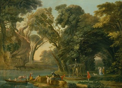 着陸のあるイタリアのカプリース（キャンバスに油彩） 作： Hubert Robert