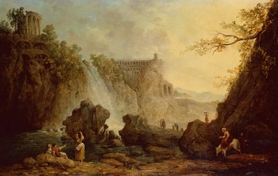 滝のある風景（キャンバスに油彩） 作： Hubert Robert