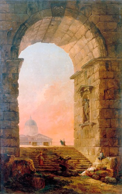 ローマのアーチとサンピエトロ大聖堂のある風景」、1773年。 作： Hubert Robert