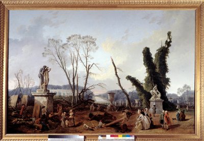1774年から1775年の冬、ヴェルサイユ宮殿の庭園で行われた木の伐採の際のル・カーペット・ヴェール（手前は国王ルイ16世と王妃マリー・アントワネット）。緑の絨毯は王家のアレーとも呼ばれる。ユベール・ロベール（1733-1808）による絵画 作： Hubert Robert