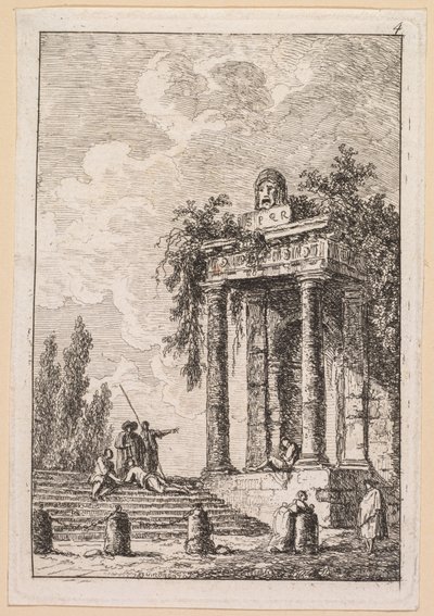 ローマの夕べ：4つのターミナルがある階段、1763年。 作： Hubert Robert
