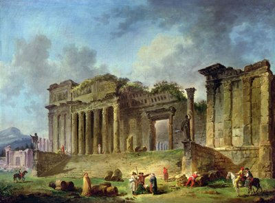 古典的な寺院の遺跡をスケッチする男性（油彩・キャンバス） 作： Hubert Robert