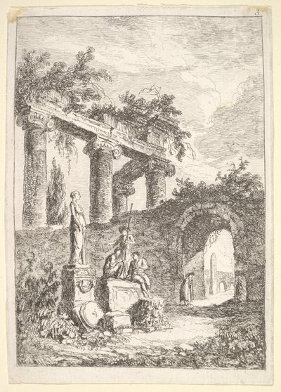 プレート3：廃墟の前の像：像の3人の人物の隣にある像...、ca。 1763-64。 作： Hubert Robert