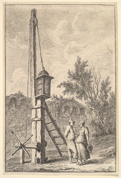 プレート 9: 滑車: 男性と女性が右に向かって会話している。 1763-64。 作： Hubert Robert