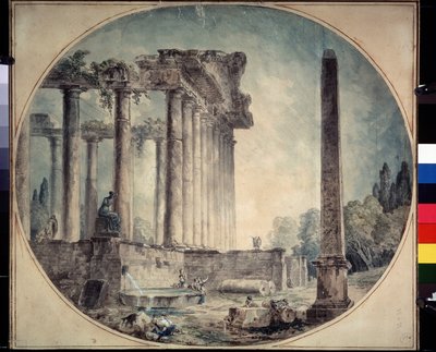 「古代遺跡とオベリスク」水彩画 ヒューバート・ロバート (1733-1808) 作 1776年 A. プーシキン美術館、モスクワ、ロシア 作： Hubert Robert