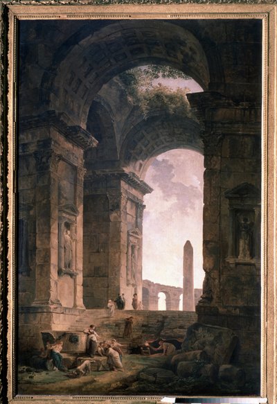 オベリスクのある遺跡。 ヒューバート ロバート (1733-1808) の絵画、キャンバスに油彩 作： Hubert Robert
