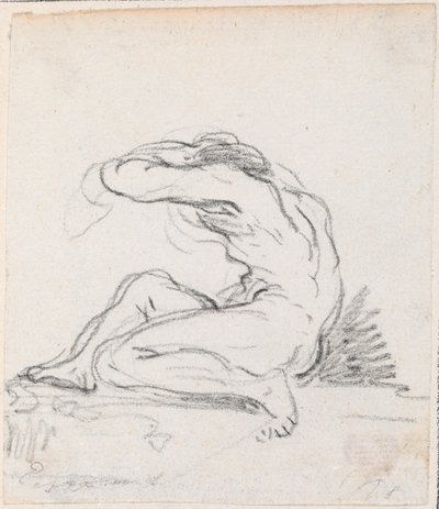 横から見た、頭の上に腕を置いて座っている男性ヌード 作： Hubert Robert