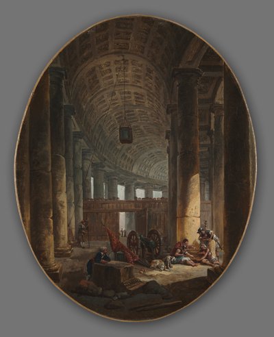 コンクラーベ中のローマ、サンピエトロ大聖堂のコロネード、1769年頃。 作： Hubert Robert