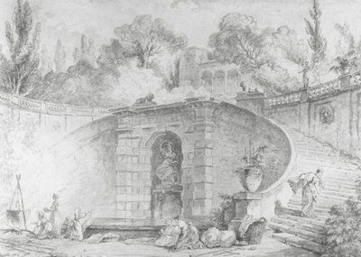 大きな階段、1761-1765（ペンと黒のインク、ブラシとグレーのウォッシュ、オフホワイトの敷設紙に描かれた黒いチョークの上に水彩、透かし入り） 作： Hubert Robert