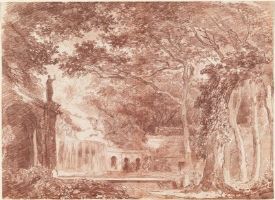 ティヴォリのエステ家別荘の庭園にある楕円形の噴水 作： Hubert Robert