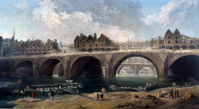 1786年、パリのノートルダム橋の上の家々の取り壊し セーヌ川沿い、ボートウォッシュ（船の洗い場） ユベール・ロベール（1733-1808）による絵画 1786年 日。0,86x1,59 m パリ、カルナヴァレ美術館 作： Hubert Robert