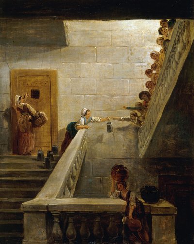 1794年頃、サン・ラザール刑務所での牛乳の配給。 作： Hubert Robert