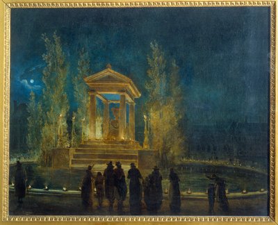 ジャン・ジャック・ルソー（1712-1778）の遺灰をパンテオンに移す前のチュイルリー盆地上の仮の霊廟 ユベール・ロベール（1733-1808）による絵画 1794年 日。0.65x0.8 m パリ、カルナヴァレ美術館 作： Hubert Robert