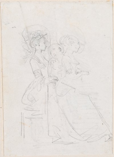 男性の姿を挟んで座っている 2 人の女性 [裏面] 作： Hubert Robert